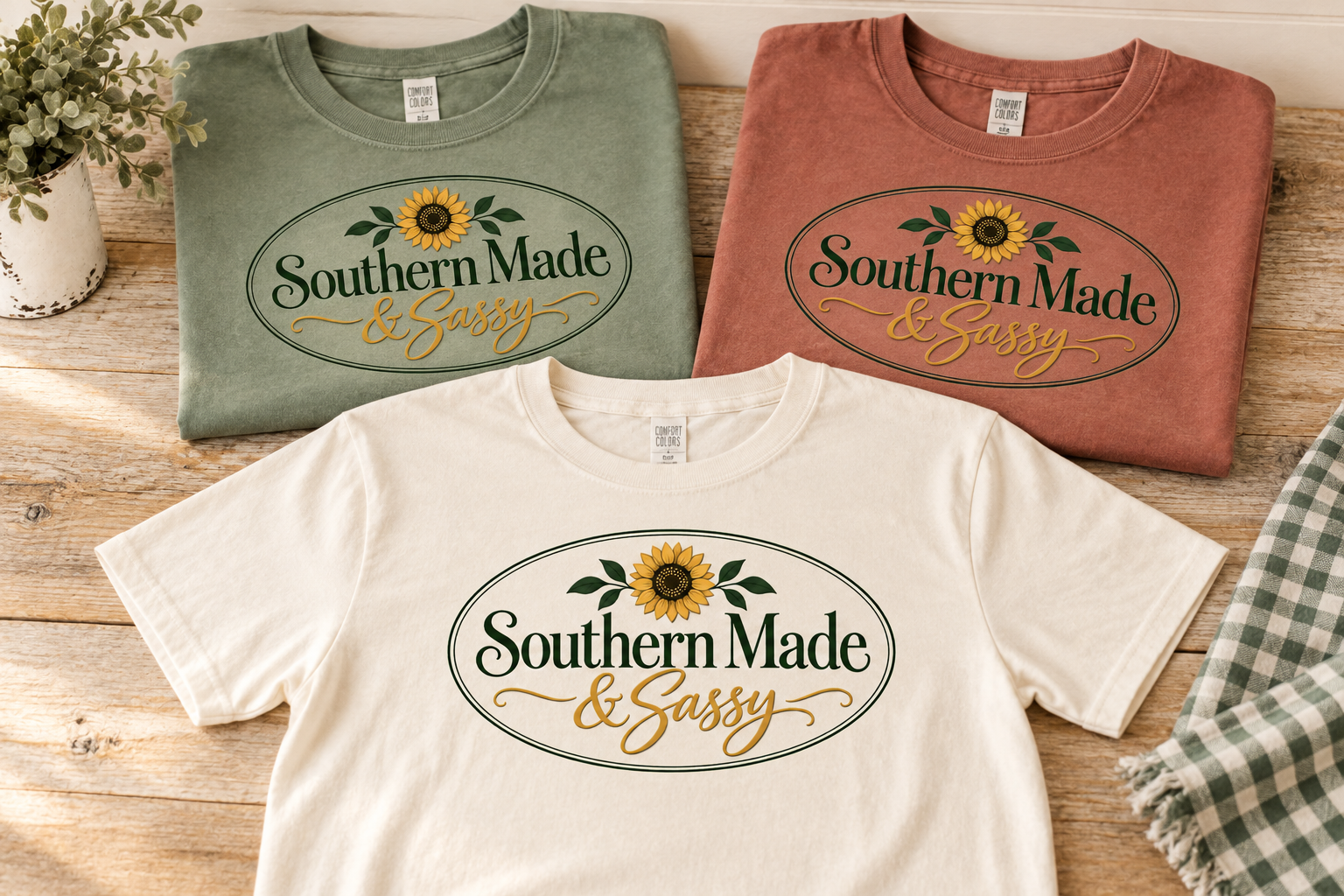 Cream, sage, and rust Southern Made and Sassy logo shirts